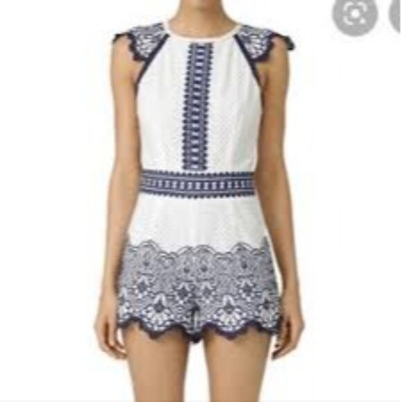 SAYLOR Dresses & Skirts - Saylor Ivory & Navy M Lace Embroidered Romper Open Back & Ribbon Tie Detail